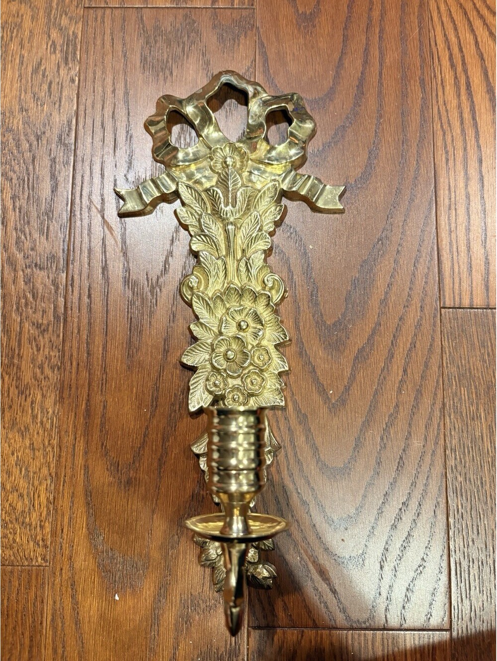 Vintage Brass Floral Bow Hanging Candlestick With Patina Made In India 13”